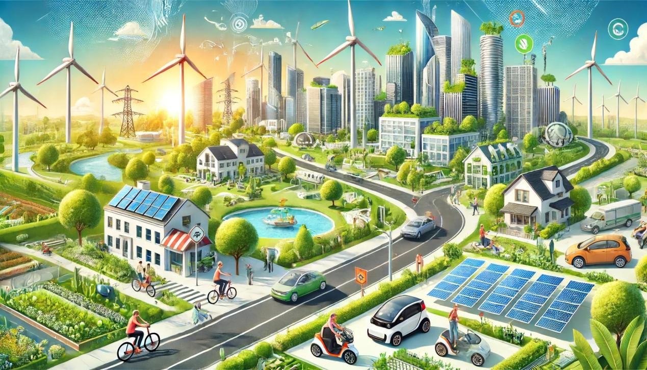 DALL·E 2024-06-18 22.08.38 - An illustration showcasing the future of sustainable development_ electric vehicles on a smart road, a city skyline with green buildings and rooftop g