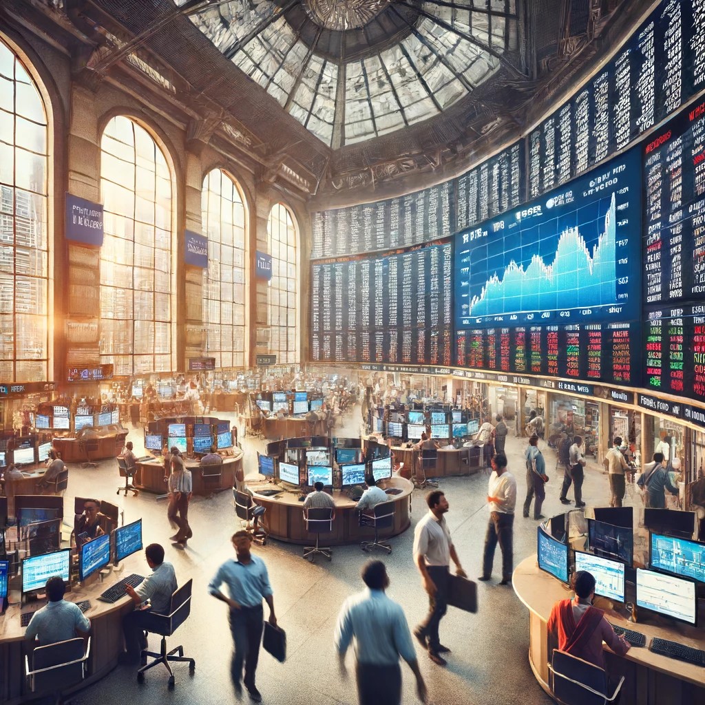 DALL·E 2024-06-17 21.11.58 - A bustling stock exchange in Mumbai, India, showing a dynamic trading floor with traders and digital screens displaying real-time stock data. The scen