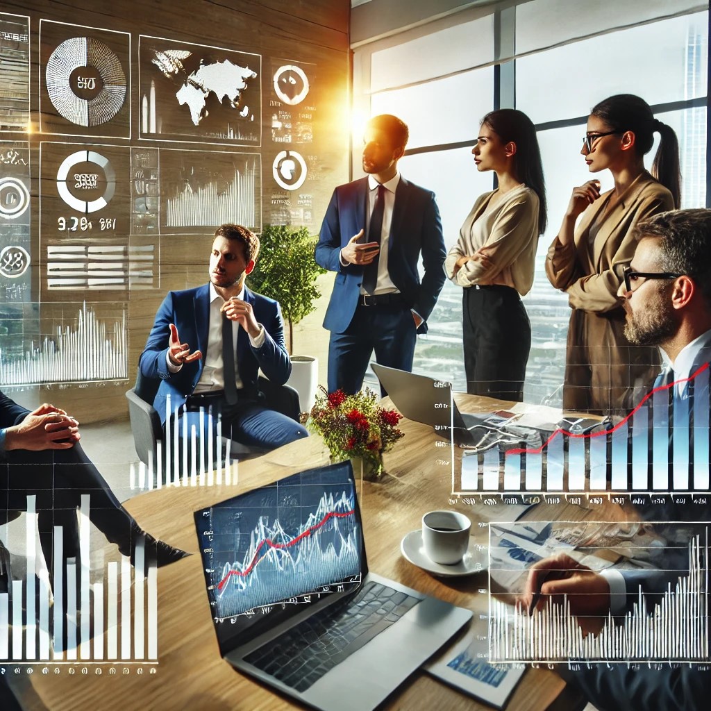 DALL·E 2024-06-20 20.30.21 - A group of investors in a modern office discussing economic growth trends, with charts and graphs showing market data and investment opportunities