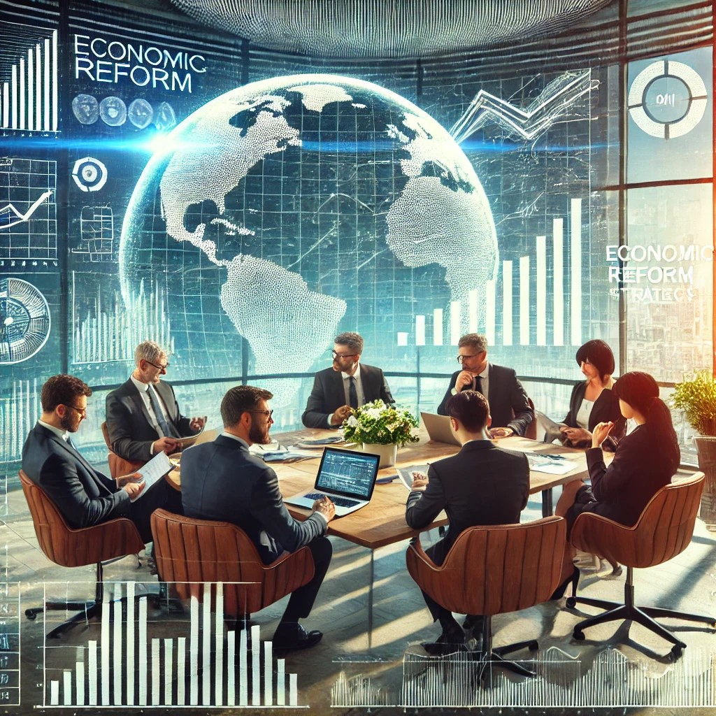 DALL·E 2024-06-19 22.22.28 - A group of economists in a modern office discussing economic reform strategies, with charts and graphs displayed on a large screen showing market grow