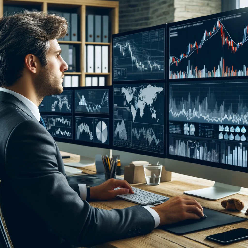 DALL·E 2024-06-19 22.12.23 - A financial analyst in an office setting analyzing currency market charts and geopolitical risk indicators on multiple computer screens