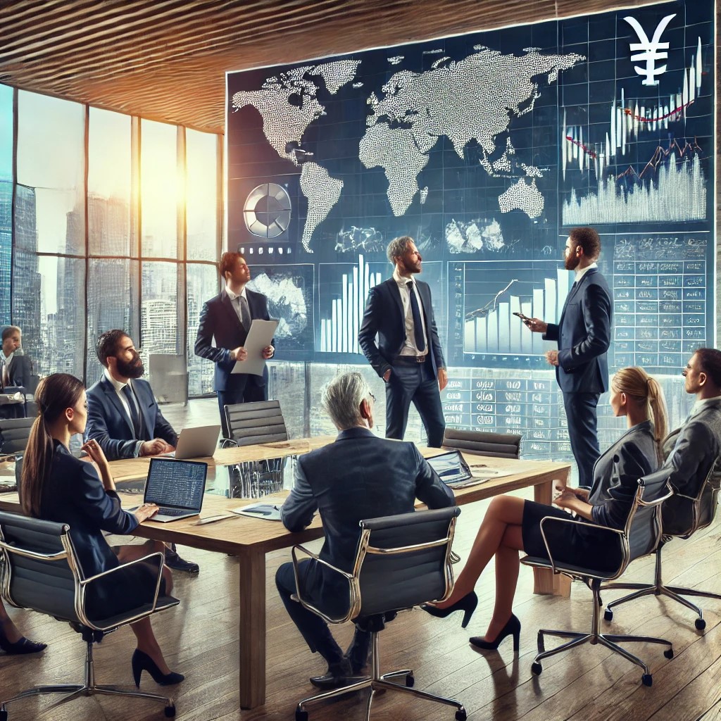 DALL·E 2024-06-19 22.12.24 - A group of financial professionals in a modern office discussing the impact of geopolitical conflicts on currency markets, with charts and graphs disp