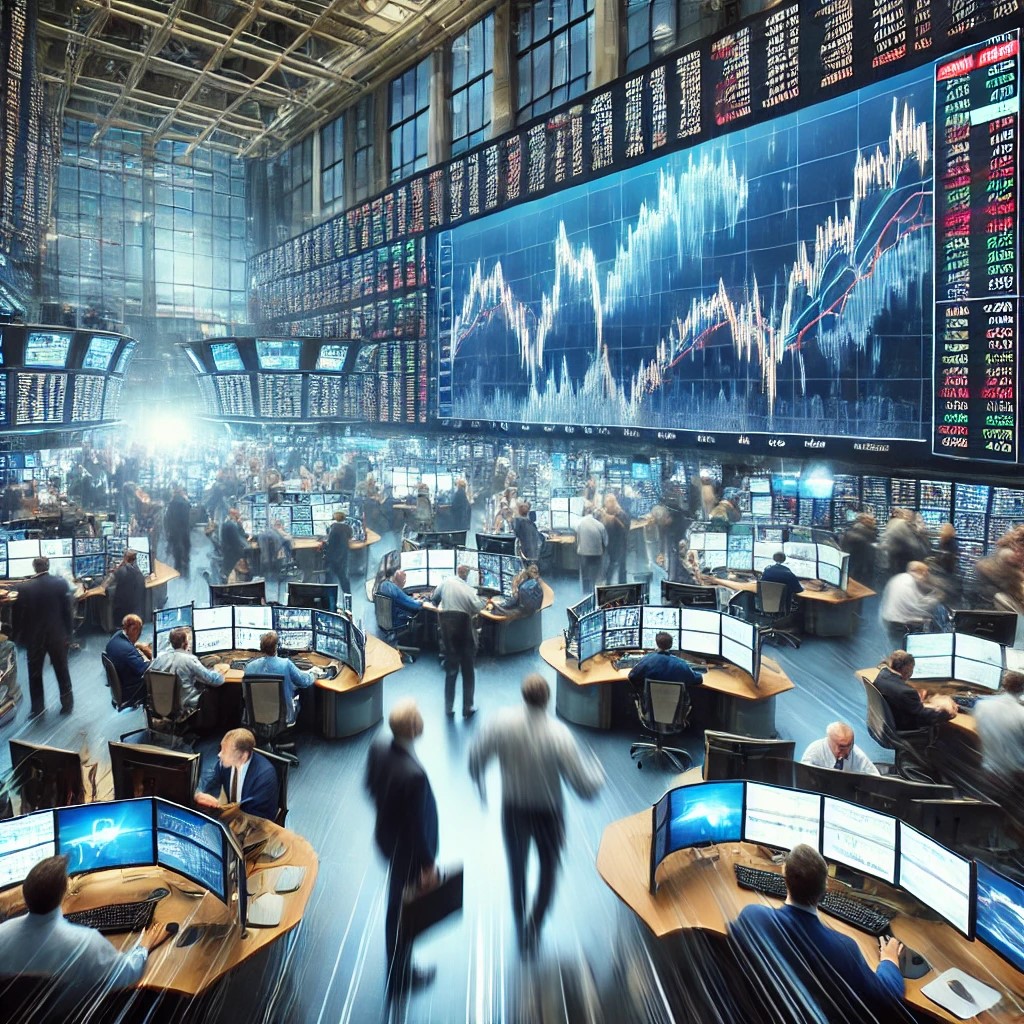 DALL·E 2024-06-18 23.05.24 - A stock market trading floor with traders reacting to sudden market volatility, with large screens displaying fluctuating stock prices and charts. The