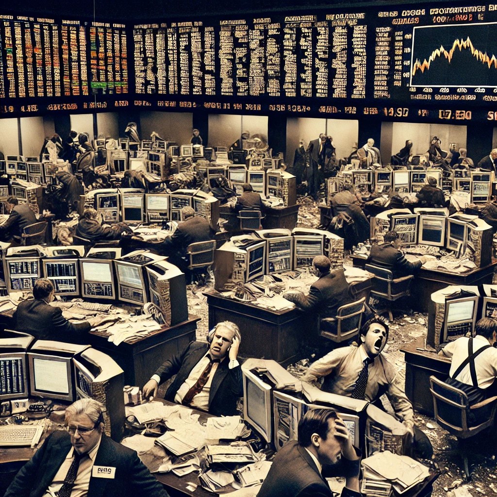 DALL·E 2024-06-19 23.14.20 - A historical image depicting a busy trading floor during the 2008 financial crisis, with stressed traders and stock market screens showing plummeting 