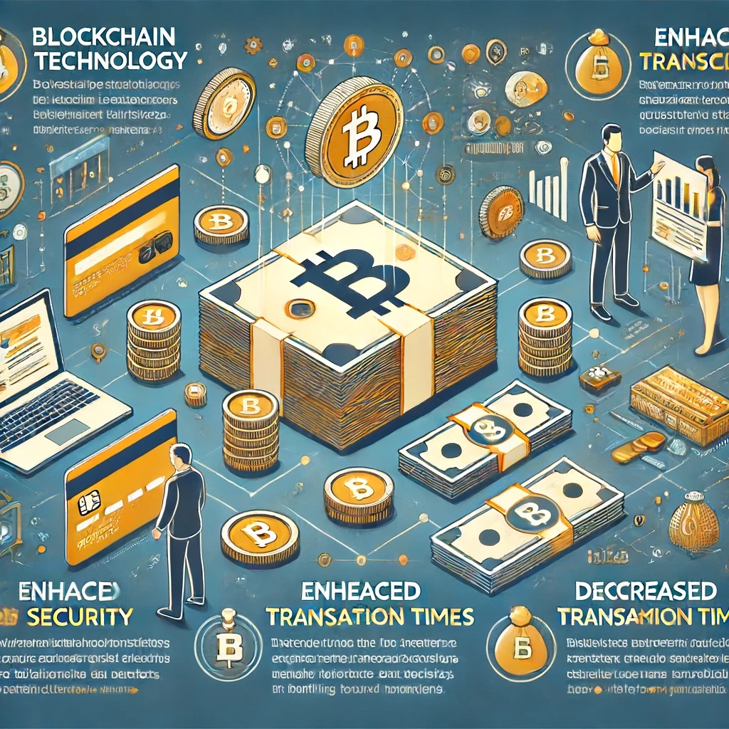 DALL·E 2024-06-15 21.07.27 - An infographic detailing the impact of blockchain technology on financial transactions, highlighting key features like enhanced security, decreased tr