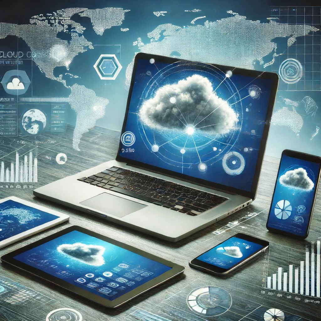 DALL·E 2024-06-18 23.24.33 - A cloud computing interface with financial data being accessed from multiple devices, such as a laptop, tablet, and smartphone. The background shows a