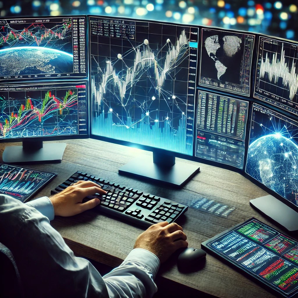 DALL·E 2024-06-19 23.03.32 - A trader using a multi-screen computer setup with algorithmic trading software, displaying real-time graphs and data analysis