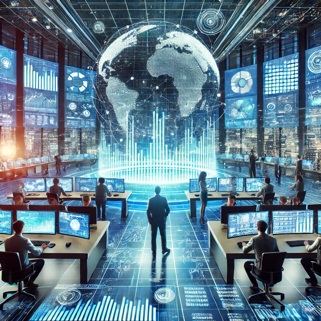 DALL·E 2024-06-19 23.03.34 - A futuristic financial trading floor with holographic displays and traders interacting with virtual reality tools to analyze market trends