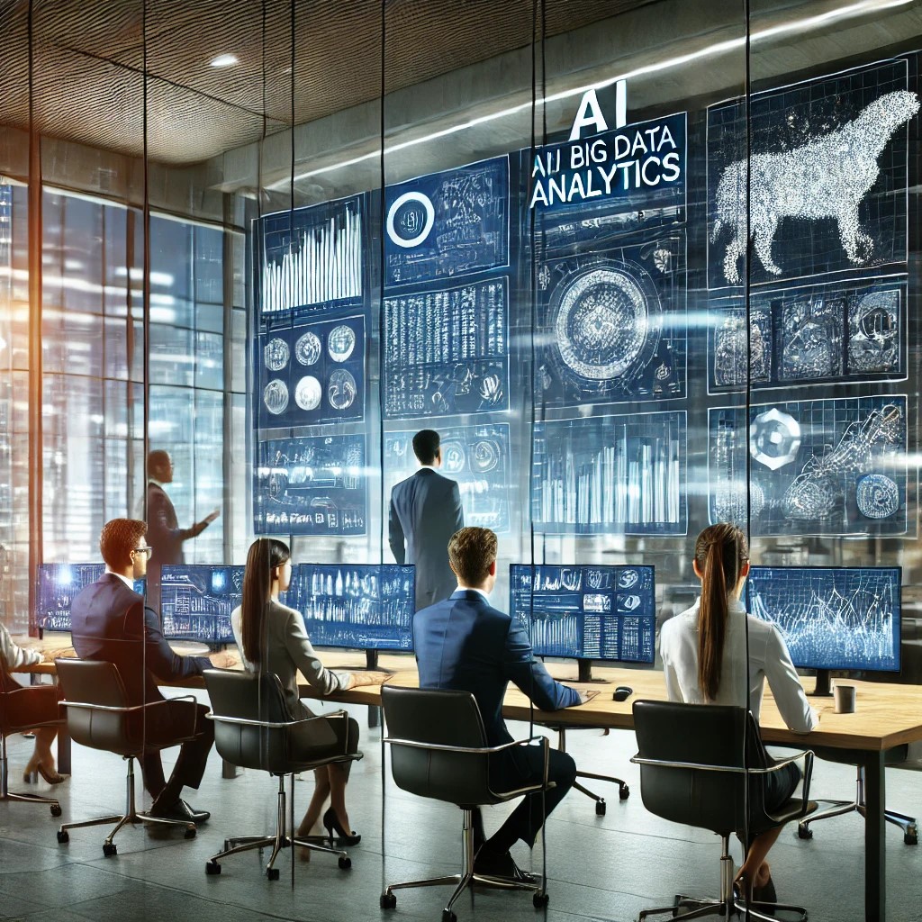 DALL·E 2024-06-20 20.13.48 - A group of financial analysts in a modern office using AI and big data analytics to analyze market trends, with multiple screens showing graphs and da