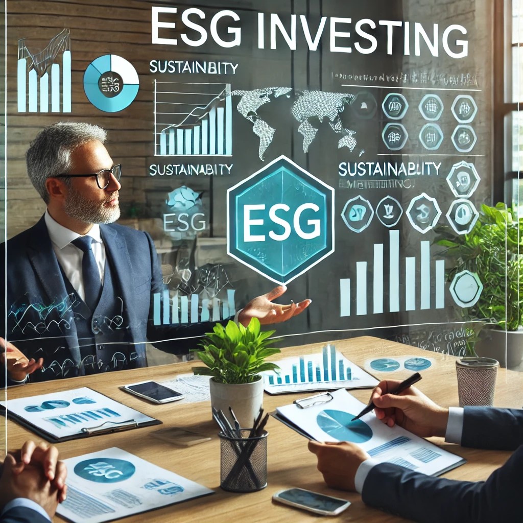 DALL·E 2024-06-20 20.13.49 - A financial advisor in a meeting with clients discussing ESG investing, with charts and graphs showing sustainability metrics and investment options