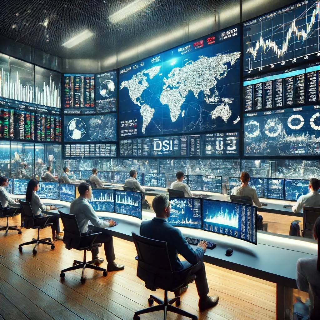 DALL·E 2024-06-18 22.51.02 - A modern financial analysis center, featuring a team of analysts monitoring multiple large screens displaying global stock trends and sentiment analys