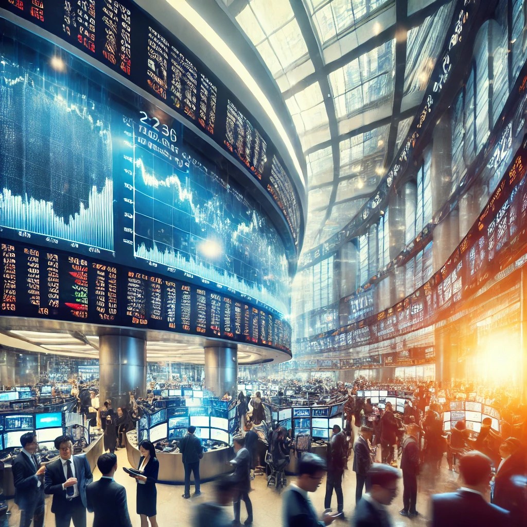 DALL·E 2024-06-18 22.51.00 - A bustling stock exchange floor filled with traders and large digital screens showing real-time stock data, capturing the immediate impact of market s