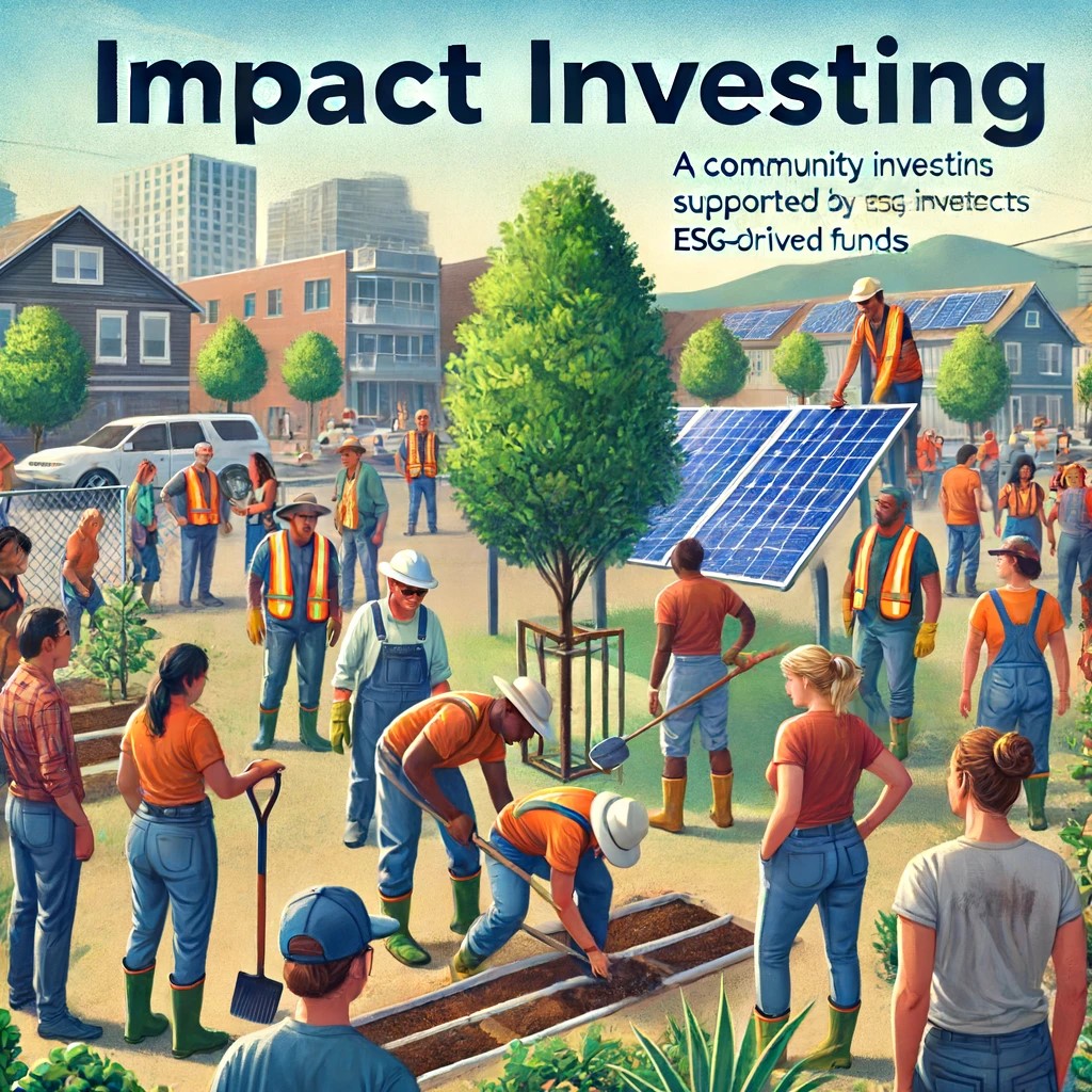 DALL·E 2024-06-18 21.21.33 - An illustration showing impact investing in action, focusing on a community project supported by ESG funds. The scene is set in a community park being