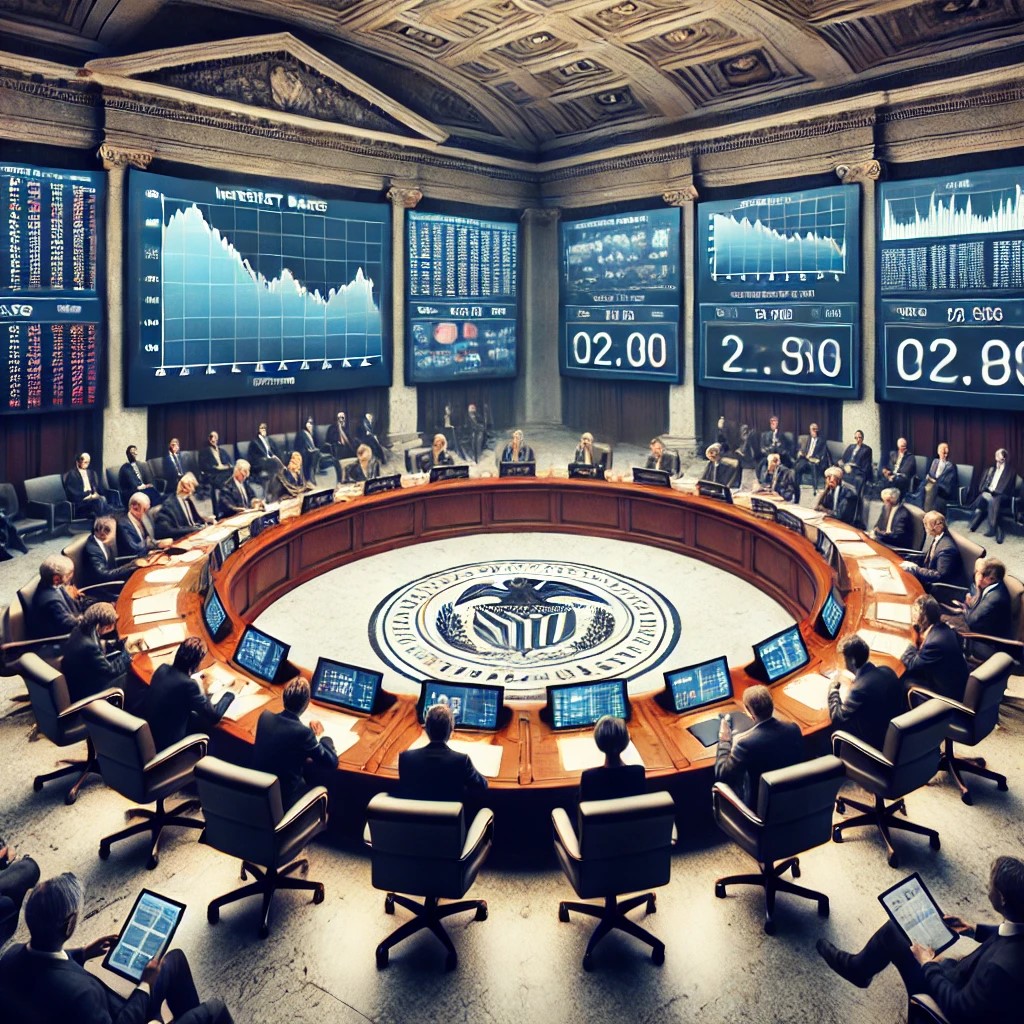 DALL·E 2024-06-19 23.28.38 - A central bank meeting room with policymakers discussing interest rates, with charts and graphs on screens showing economic data and forecasts