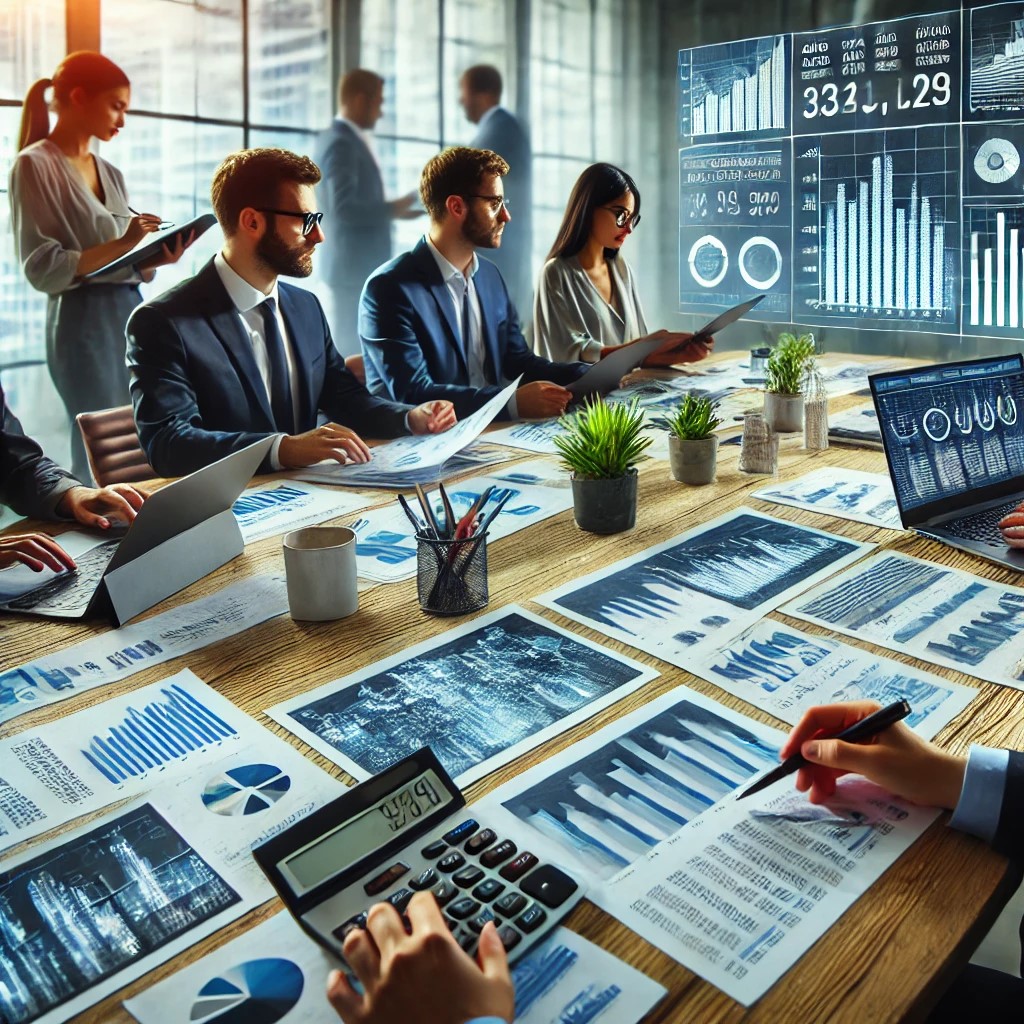 DALL·E 2024-06-19 23.28.39 - A group of financial analysts in an office analyzing the impact of fiscal policies, with documents and screens showing government spending and tax dat