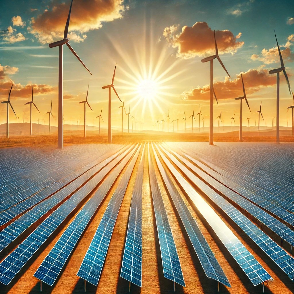 DALL·E 2024-06-18 23.35.32 - A large solar farm with rows of solar panels stretching across a sunny landscape. The background features wind turbines, emphasizing the integration o