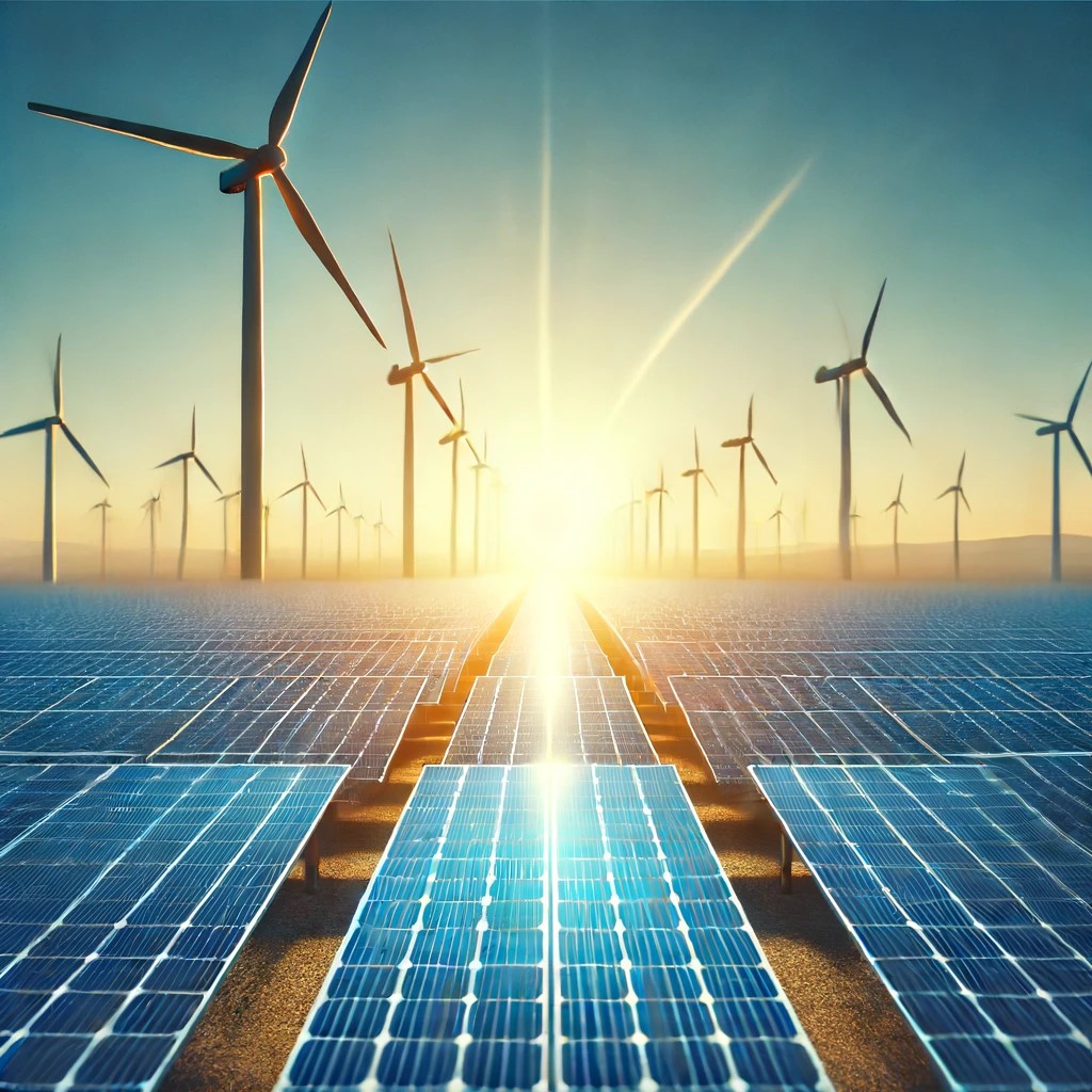 DALL·E 2024-06-18 23.33.02 - A solar farm with rows of solar panels capturing sunlight, set against a clear blue sky. The background shows a distant wind farm with wind turbines, 