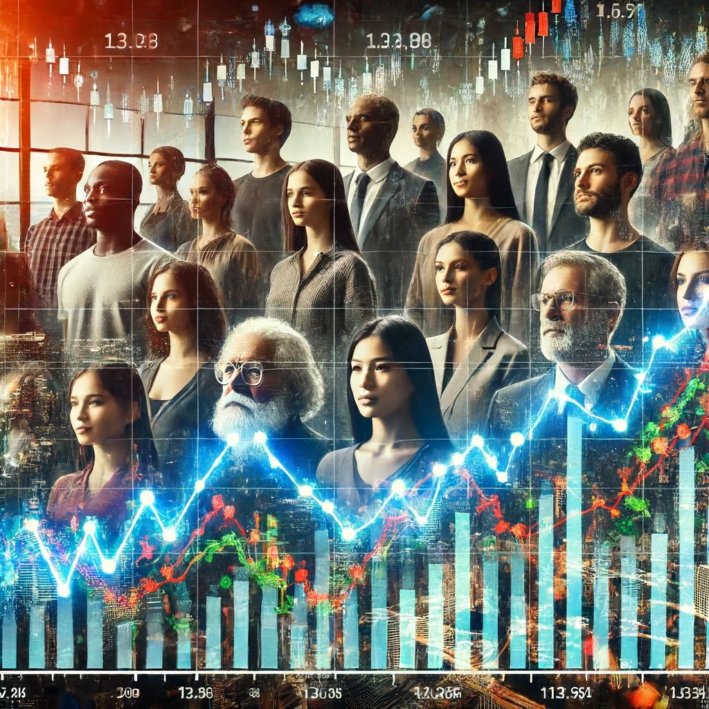 DALL·E 2024-06-19 00.00.08 - A stock market graph showing volatile trends with an overlaid image of diverse people representing different economic backgrounds. The graph highlight