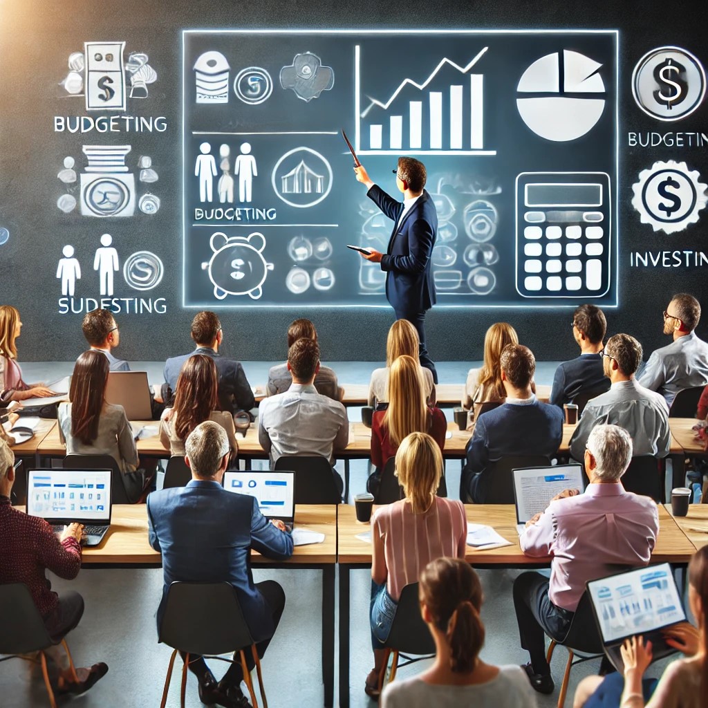 DALL·E 2024-07-03 13.20.17 - An engaging image of a diverse group of people attending a financial education workshop. The scene shows a presenter using a digital board to explain 