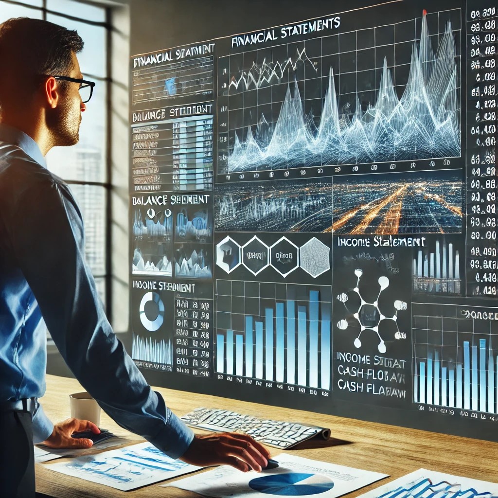 DALL·E 2024-07-09 10.45.51 - A business analyst examining complex financial statements on a large digital screen in a modern office. The screen displays various financial ratios a