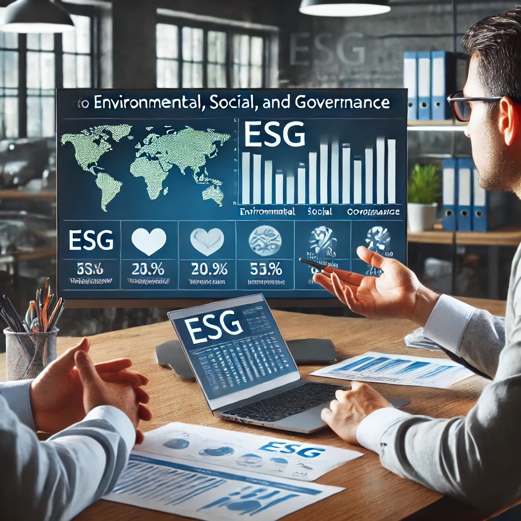 DALL·E 2024-07-09 10.45.53 - A professional office scene where a financial advisor is guiding a small business owner on how to interpret ESG (Environmental, Social, and Governance