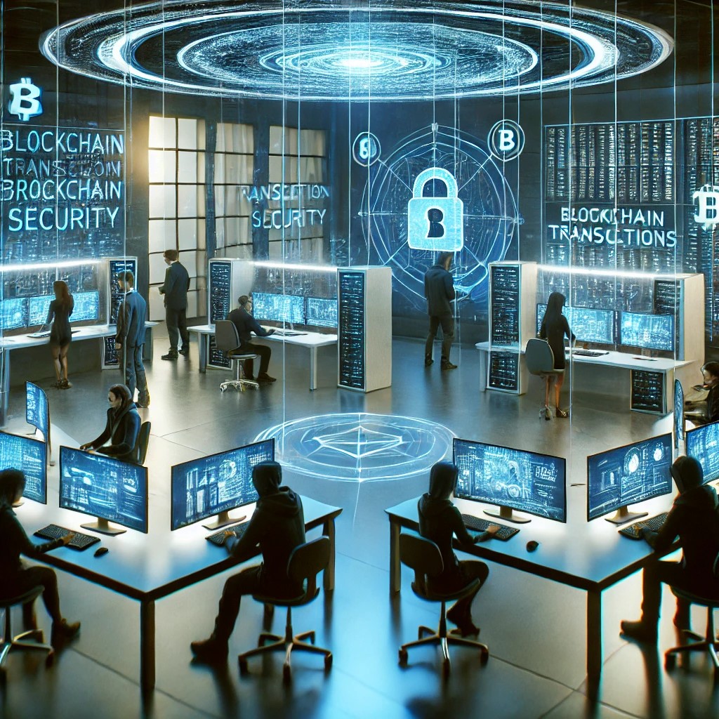 DALL·E 2024-07-03 18.35.01 - A futuristic scene in a cybersecurity center focused on blockchain transaction security. The setting features a team of diverse cybersecurity experts 