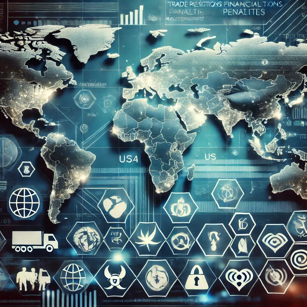 DALL·E 2024-07-07 22.28.35 - An image showing a global map with various countries highlighted to represent different economic sanctions, with icons indicating trade restrictions, 