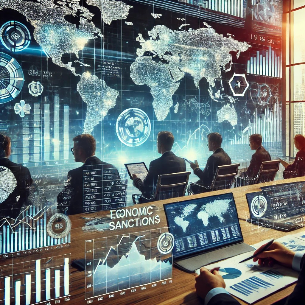 DALL·E 2024-07-07 22.28.36 - An image showing financial analysts in a modern office discussing the impact of economic sanctions, with digital screens displaying data on trade flow