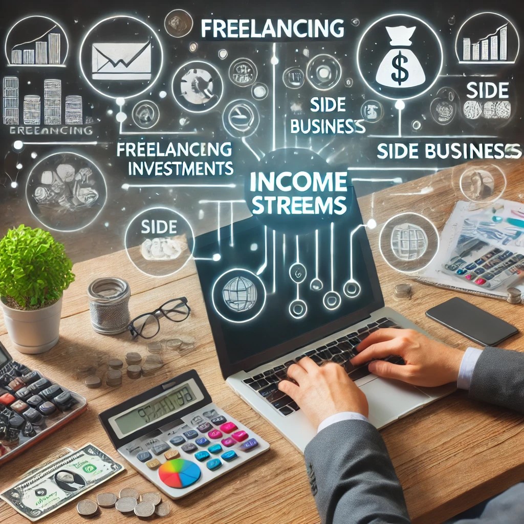 DALL·E 2024-07-28 16.51.03 - An individual working at a desk with multiple devices, displaying different income sources such as freelancing, investments, and side businesses, symb