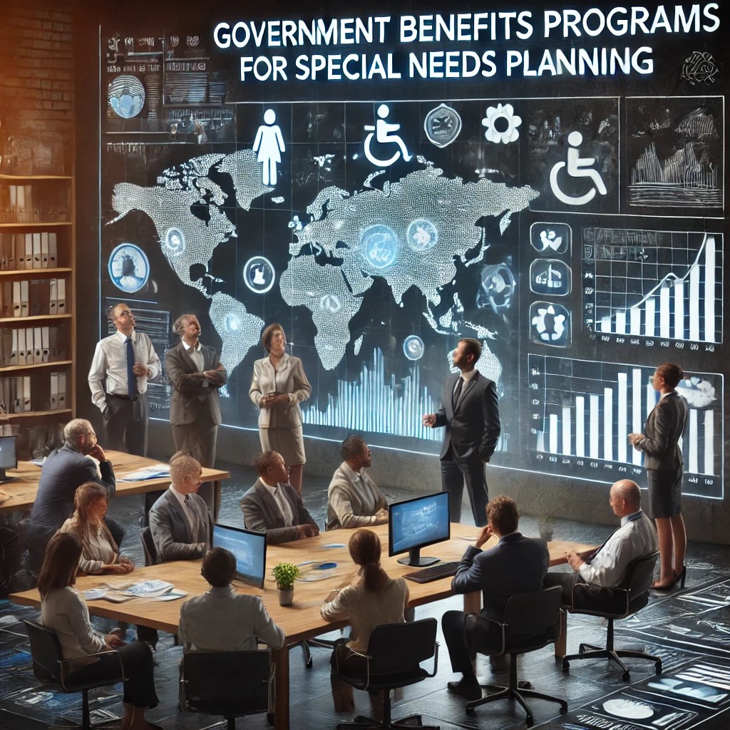 DALL·E 2024-07-28 17.08.04 - A diverse group of professionals analyzing government benefits programs for special needs planning, with charts and graphs on a large screen, symboliz